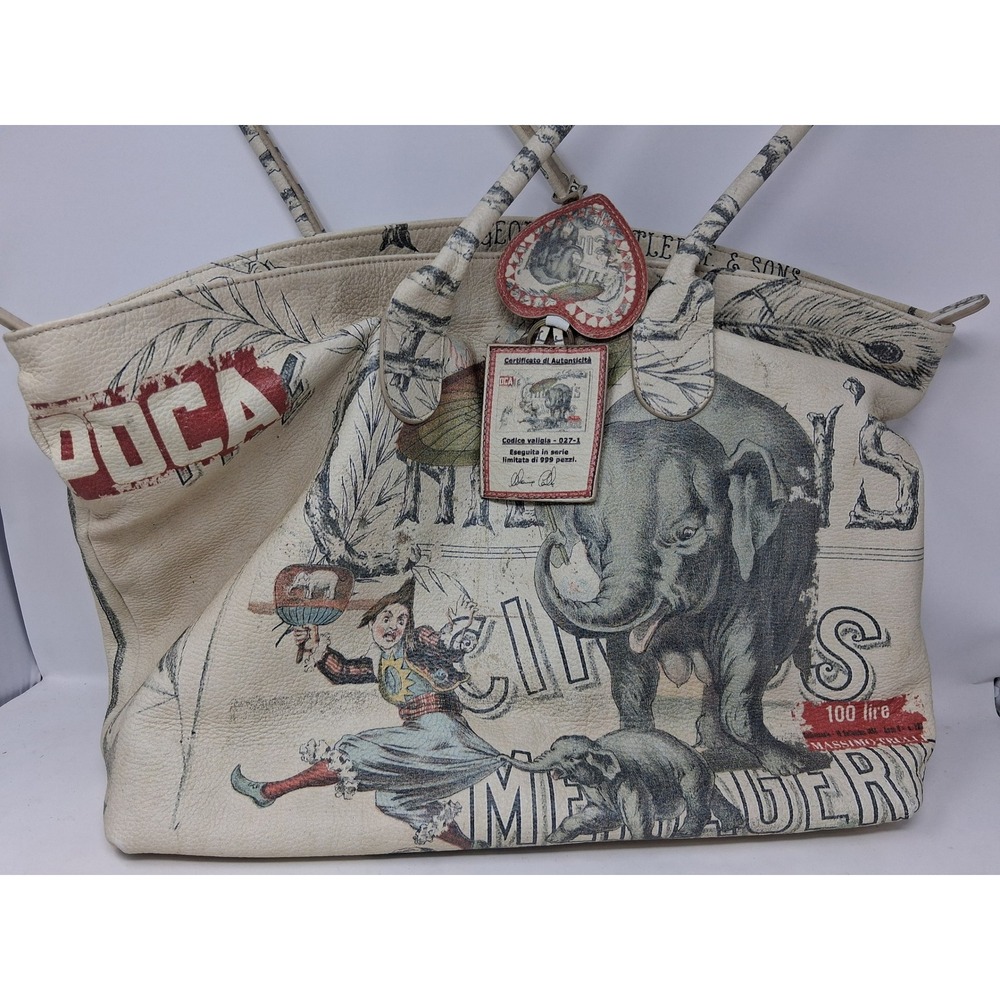 Massimo Trulli Limited Edition Italian Leather Circus Menagerie Tote Bag Cream